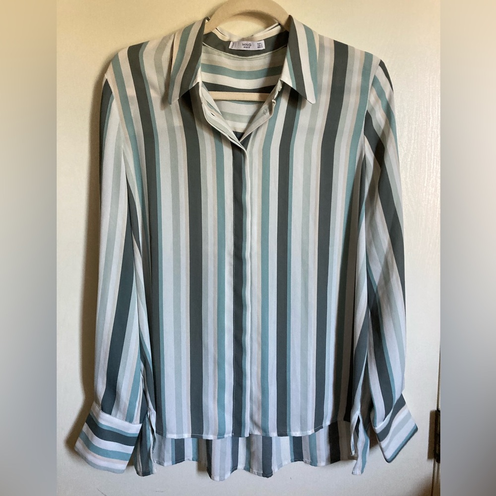 *MNG Mango White Multicolor Striped Button Down Cuffed Long Sleeve Blouse #MBG